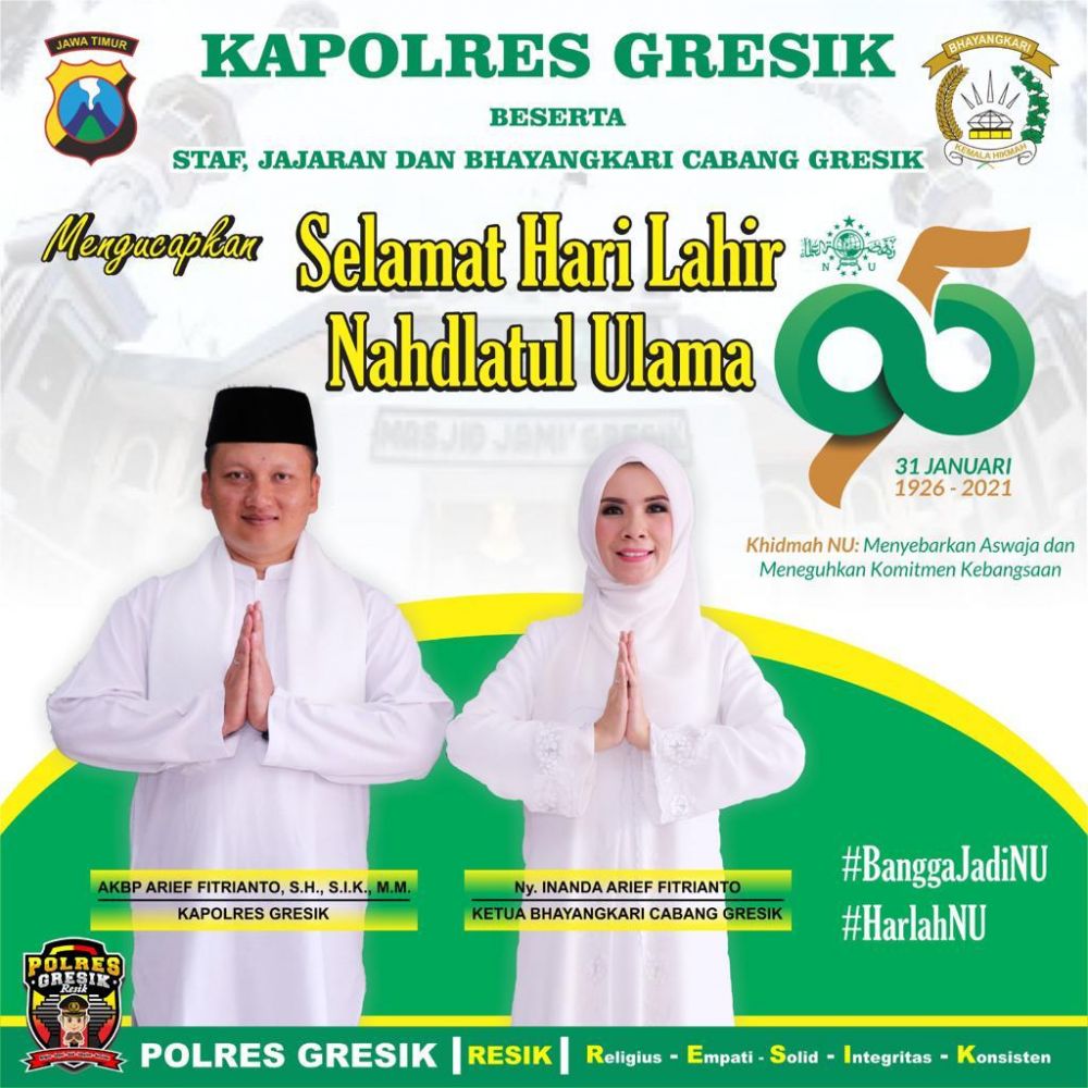 Kapolres Gresik AKBP Arief Fitrianto dan Ketua Bhayangkari cabang Gresik Ny. Inanda Arief Fitrianto