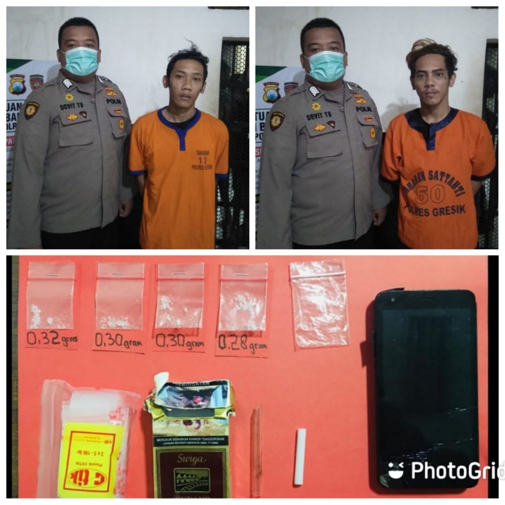 Tersangka dan barang bukti di amankan Satnarkoba Polres Gresik