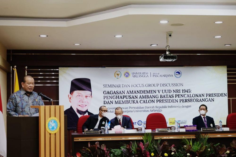 Ketua DPD RI AA LaNyalla Mahmud Mattalitti saat FGD di Universitas Airlangga Surabaya