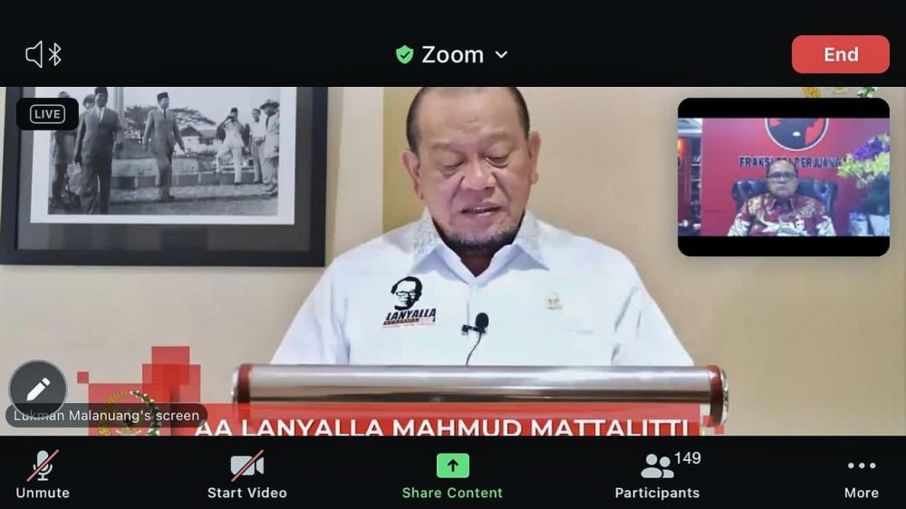 Ketua DPD RI saat menjadi keynote speaker di Zoominar Tranformasi digital pelayanan publik dengan Artificial Intelligence, Big data dan Smart Block Chain