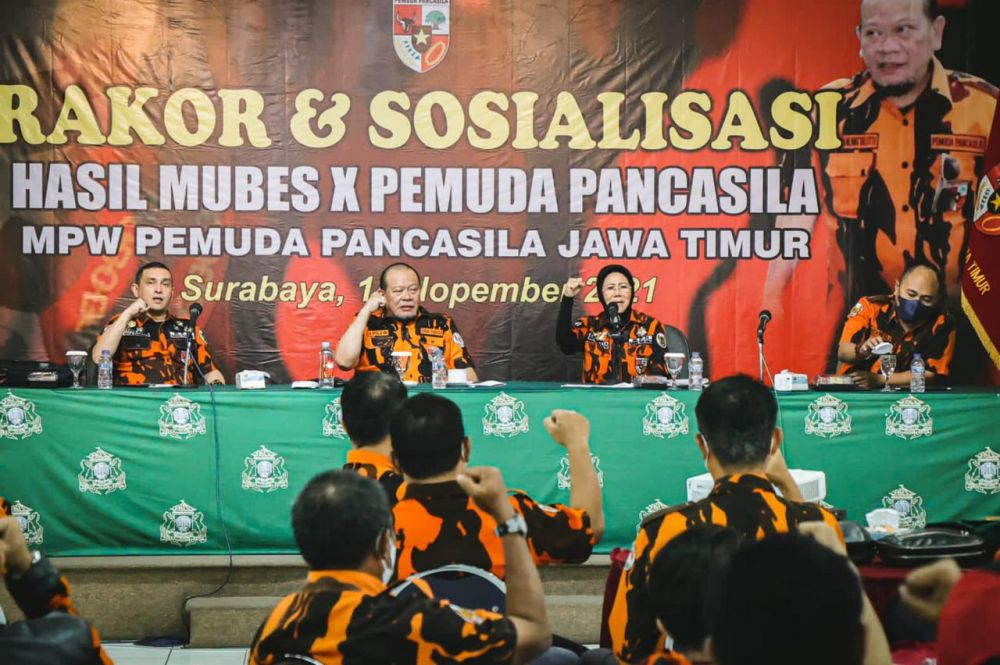 Ketua DPD RI AA LaNyalla Mahmud Mattalitti saat Rapat Koordinasi dan Sosialisasi Hasil Mubes X Pemuda Pancasila Jatim