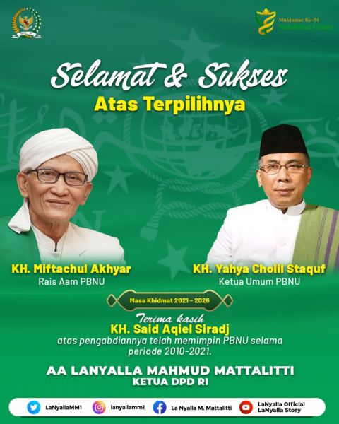Ketua DPD RI AA LaNyalla Mahmud Mattalitti ucapkan selamat pada Ketum PBNU