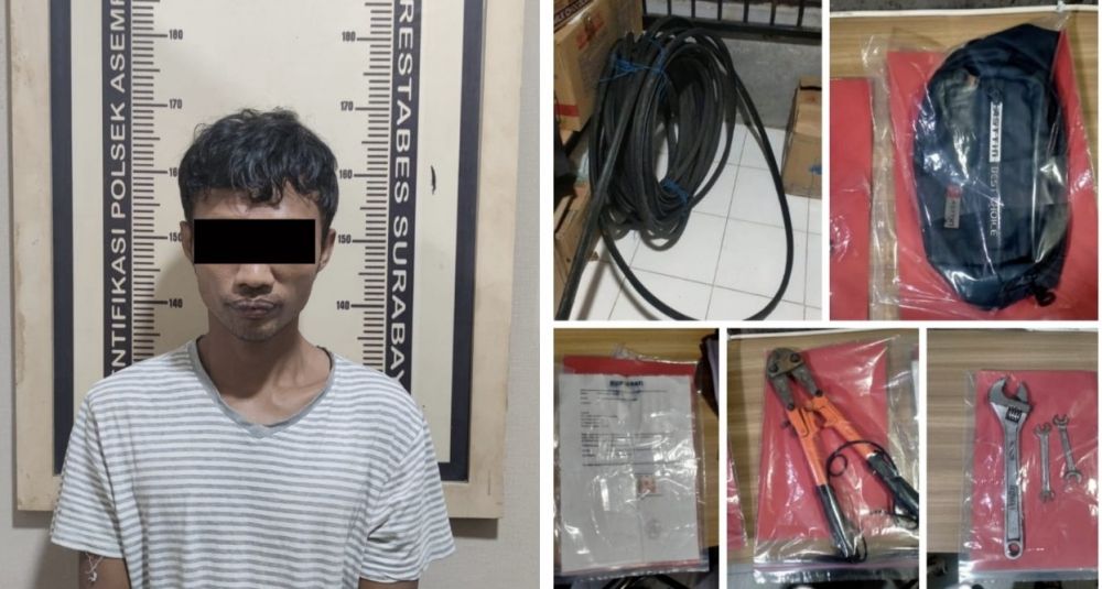 Tersangka pencurian kabel Telkom diamankan Polsek Asemrowo beserta barang buktinya