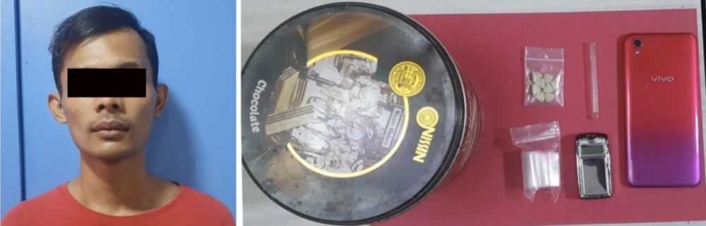 Tersangka diamankan Satresnarkoba Polres Tanjung Perak Surabaya beserta barang buktinya